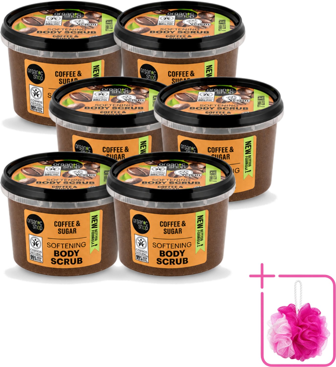 6 x Organic Shop - Organic Coffee & Sugar Body Scrub - Hydraterend en Peeling - 250 ml - Bulkverpakking - Bodyscrub - Douchemop - Natuurlijke peeling