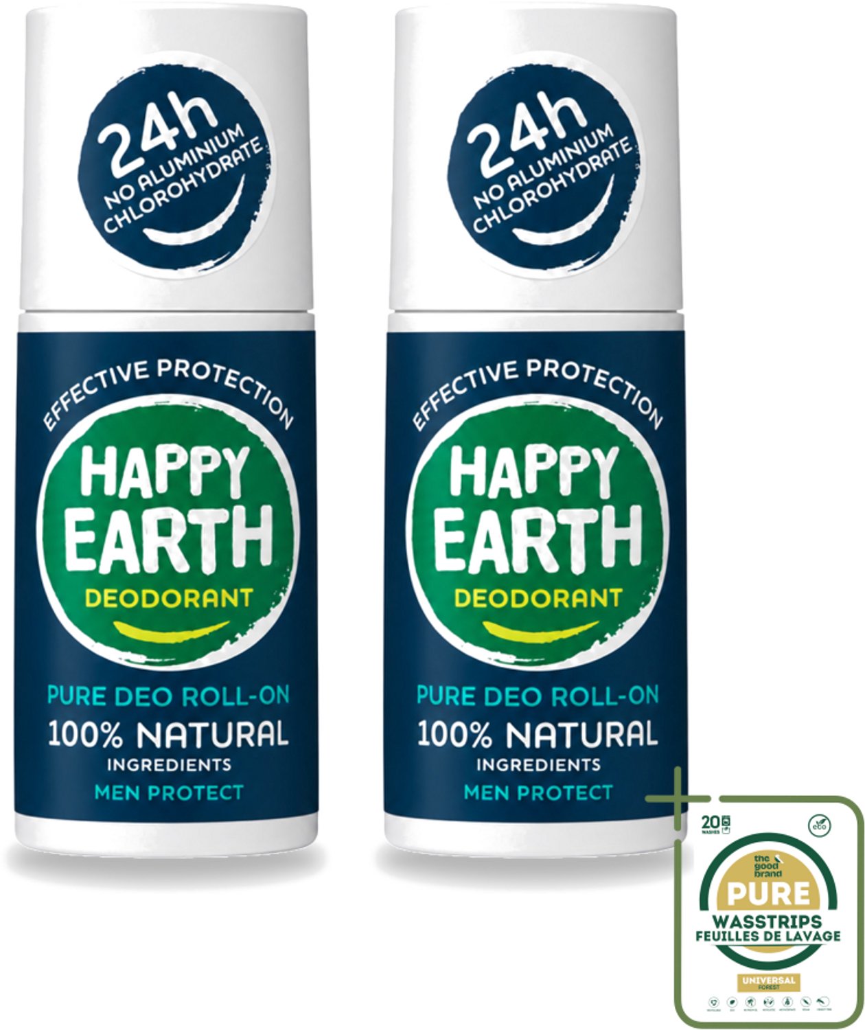 2 x Happy Earth – Deodorant Roll-On – 100% Natuurlijk Men Protect – 75 ml - Wasstrips - Natuurlijke Deodorant - Mannelijke Deodorant - Roll-on Deodorant - Frisheid - Lichaamsgeur