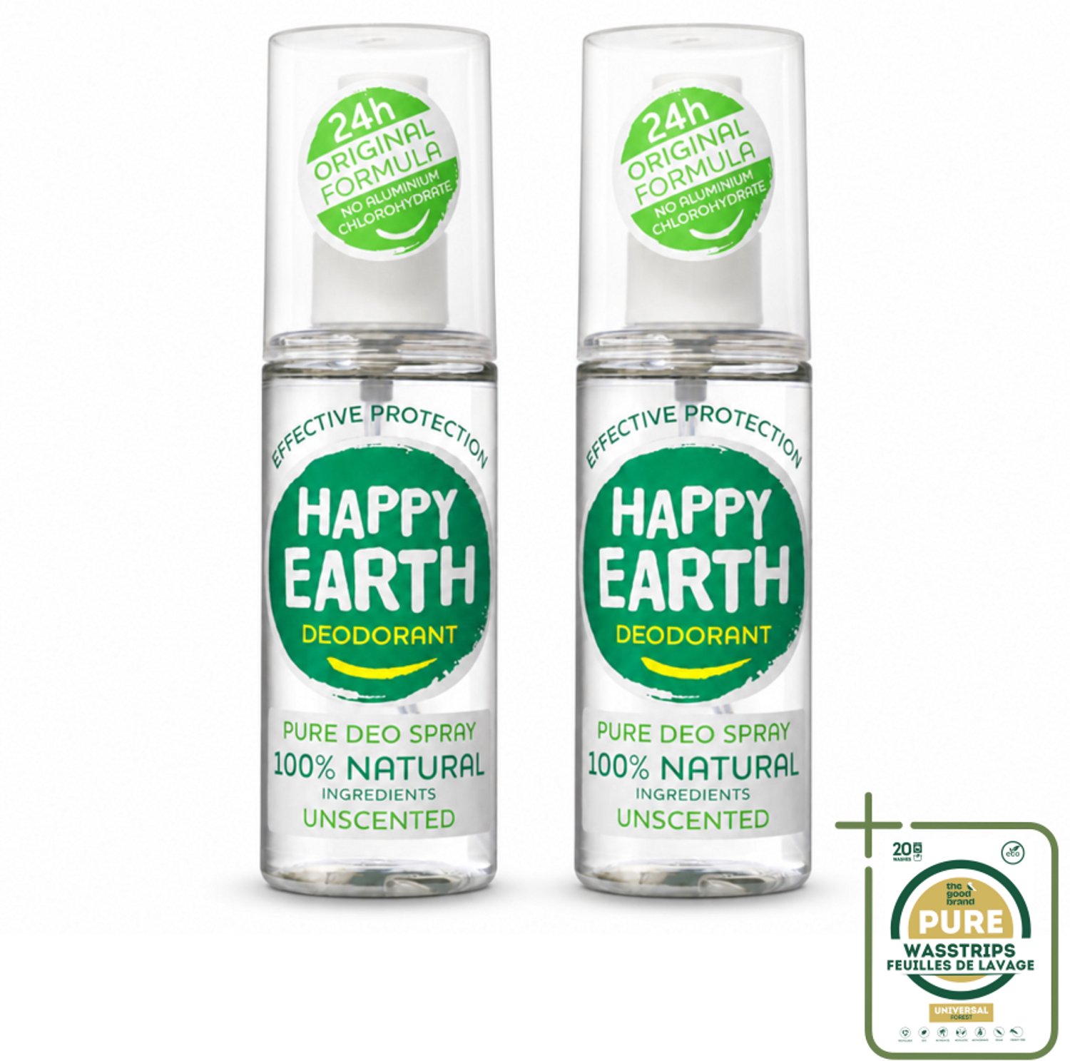 2 x Happy Earth – Deodorant Spray – 100% Natuurlijk Unscented – 100 ml - Wasstrips - Geurloze Deodorant - Hypoallergene Deodorant - Natuurlijke Deodorant - Deodorant Spray - 100% Natuurlijk