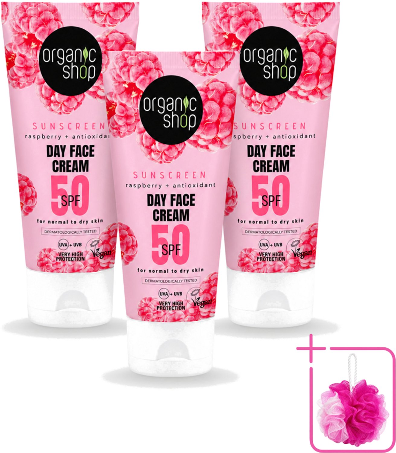 3 x Organic Shop - Zonnebrandcrème Gezicht SPF 50 - Normale Huid - 50 ml - Bulkverpakking - Zonbescherming gezicht - Douchemop - SPF 50