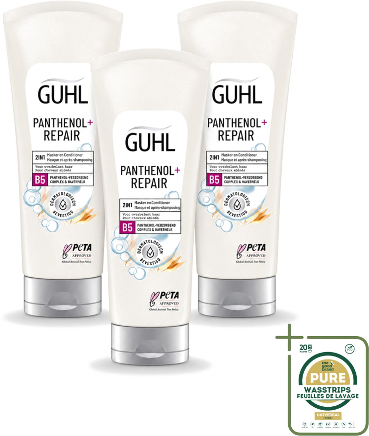 3 x Guhl – 2-in-1 Masker & Conditioner – Panthenol+Repair – 200 ml - Wasstrips - Haarmasker - Conditioner - Panthenol - Haarverzorging - Haarherstel