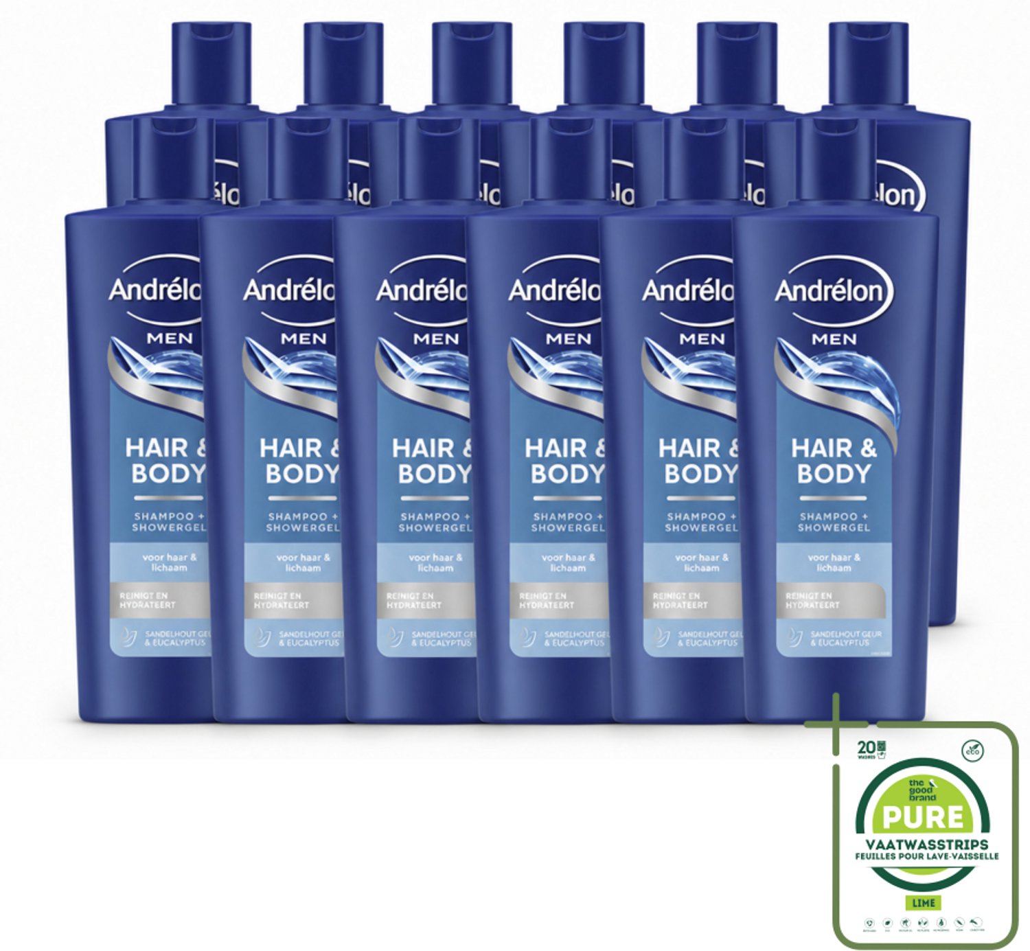 12 x Andrélon – Shampoo – Hair & Body Men – 400 ml - Grootverpakking - Vaatwasstrips - Mannelijke Haar En Huid Verzorging - 2-in-1 Shampoo En Showergel - Eucalyptus En Sandelhout Geur - Dagelijks Haar En Huid Reinigen - Sport Na Douche