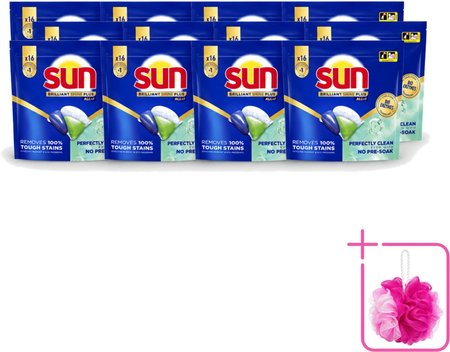 12 x Sun – Vaatwascapsules – Brilliant Shine+ All-in-1 – 16 capsules - Bulkverpakking - Vaatwasmiddel - Douchemop - Vaatwascapsules