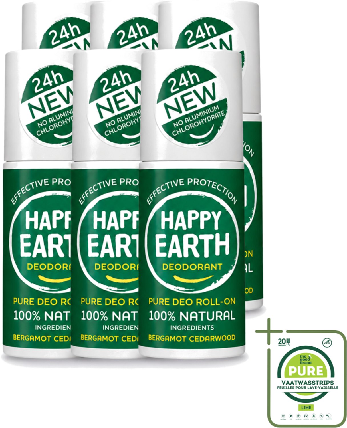 6 x Happy Earth – Deodorant Roll-On – 100% Natuurlijk Bergamot Cedarwood – 75 ml - Grootverpakking - Bergamot - Cederhout - Natuurlijke Deodorant - Roll-on Deodorant - 24 Uur Bescherming