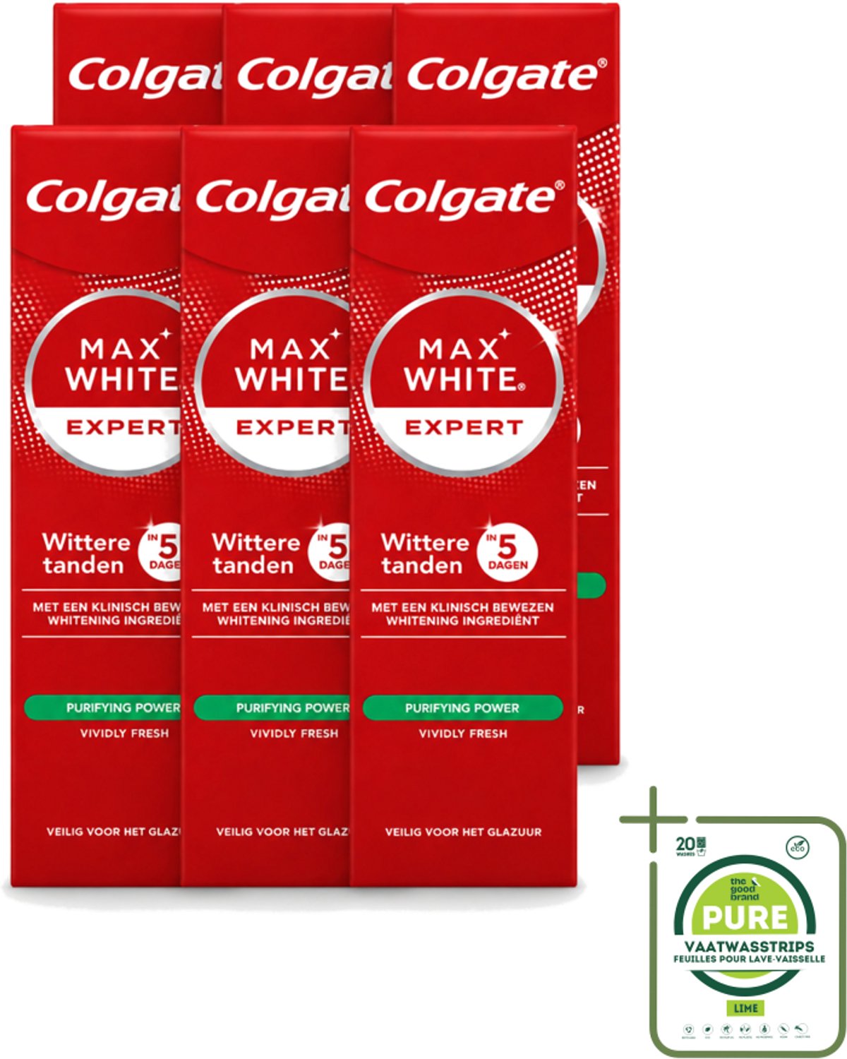 6 x Colgate – Max White Expert Purifying Power – Tandpasta – 75 ml - Grootverpakking - Vaatwasstrips - Tandpasta - Witte Tanden - Glimlach Verhelderen - Waterstofperoxide - Koffie En Thee Vlekken