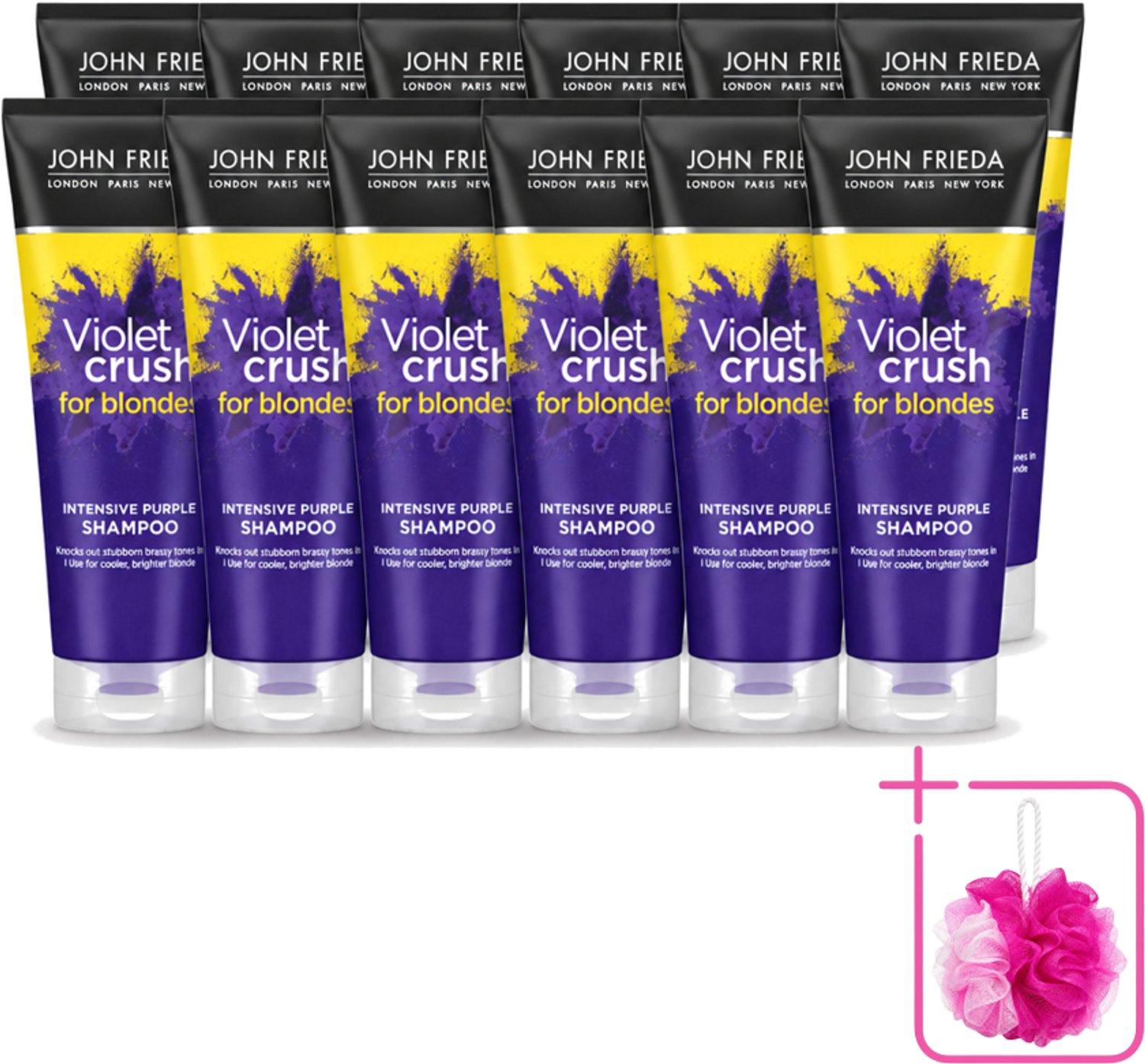 12 x John Frieda – Shampoo – Sheer Blonde Violet Crush Intensive Purple – Tegen gele ondertonen – 250 ml - Bulkverpakking - Gele en oranje tonen neutraliseren - Douchemop - Zilvershampoo