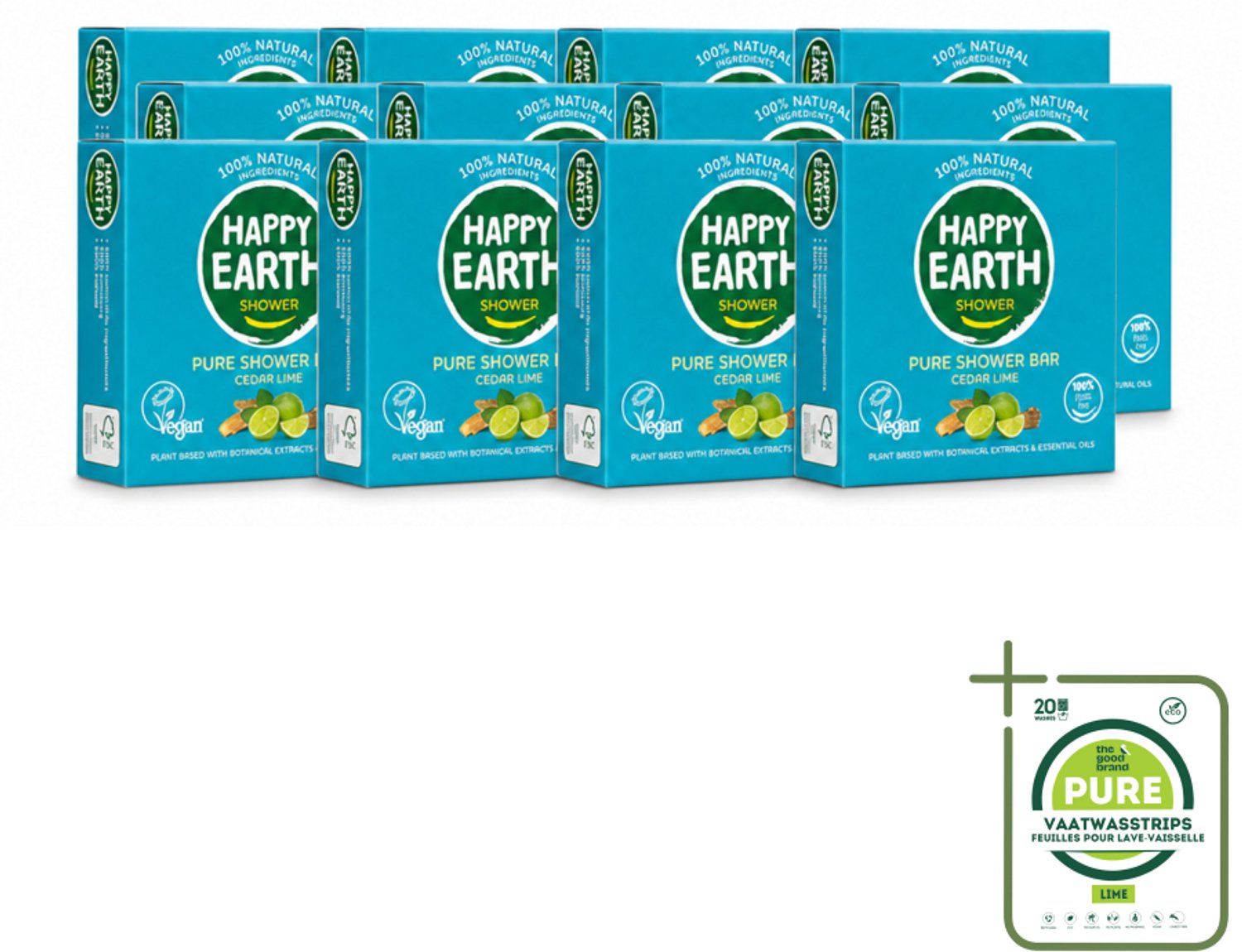 12 x Happy Earth – Shower Bar – 100% Natuurlijk Cedar Lime – 90 g - Grootverpakking - Vaatwasstrips - Douchebar - Natuurlijke Douche - Ceder En Limoen - Sheaboter - Amandelolie