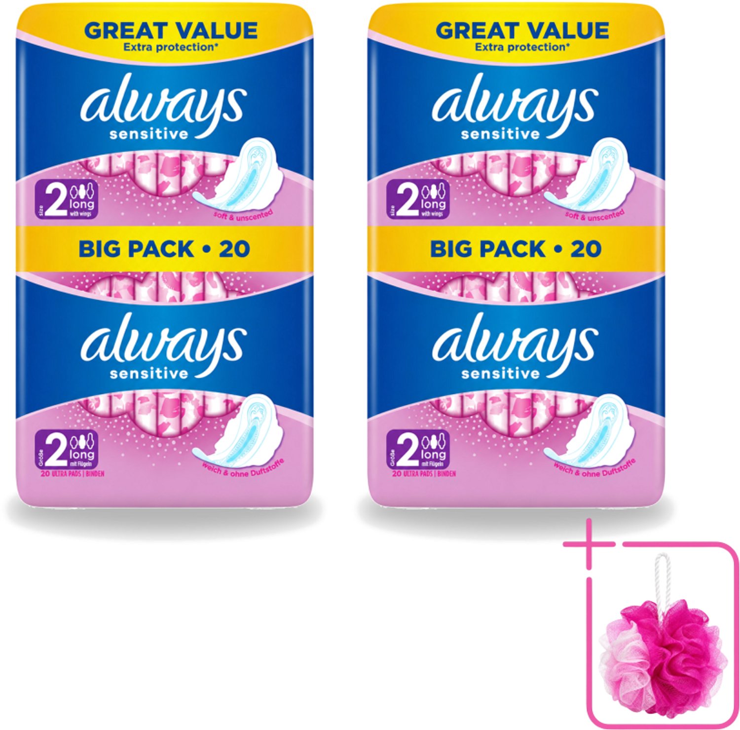 2 x Always - Maandverband - Long - Sensitive - 20 Maandverband - Bulkverpakking - Maandverband - Douchemop - Menstruatie