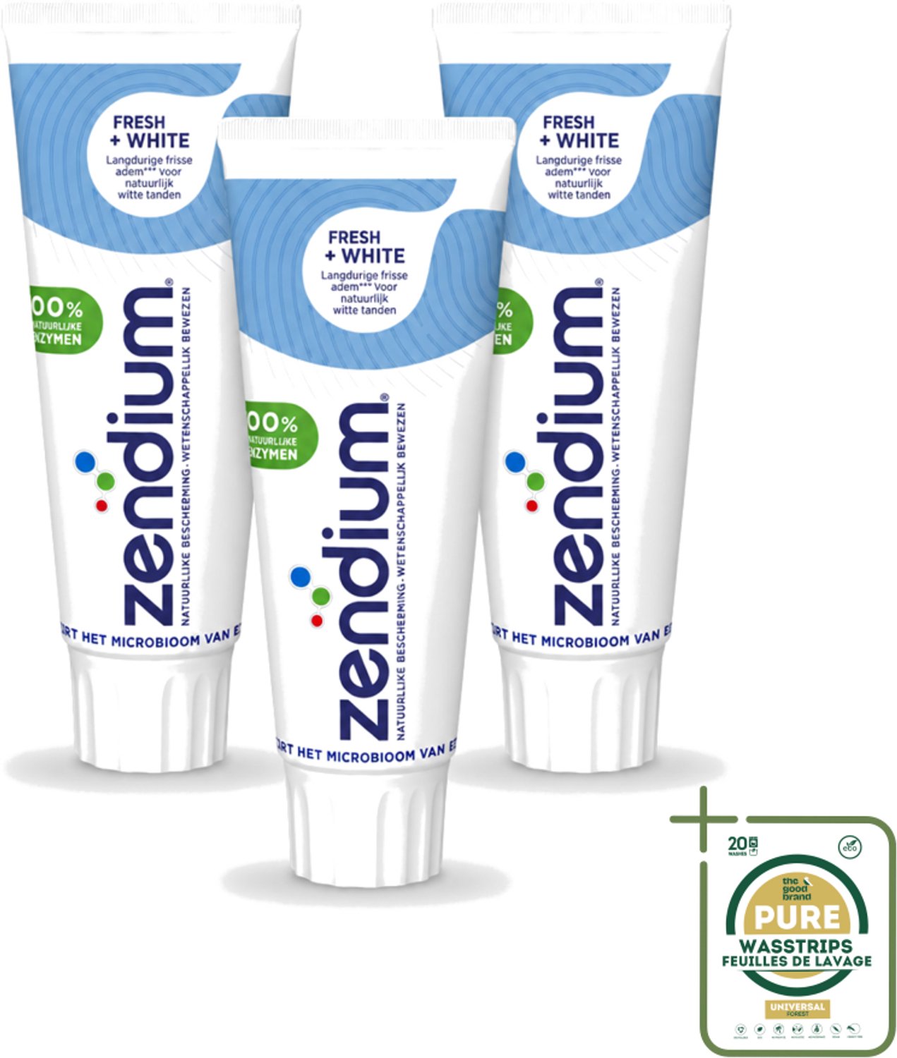3 x Zendium - Tandpasta - Fresh+ White - 75 ml - Wasstrips - Tandpasta - Frisse Adem - Witte Tanden - Natuurlijke Tandpasta - Fluoride