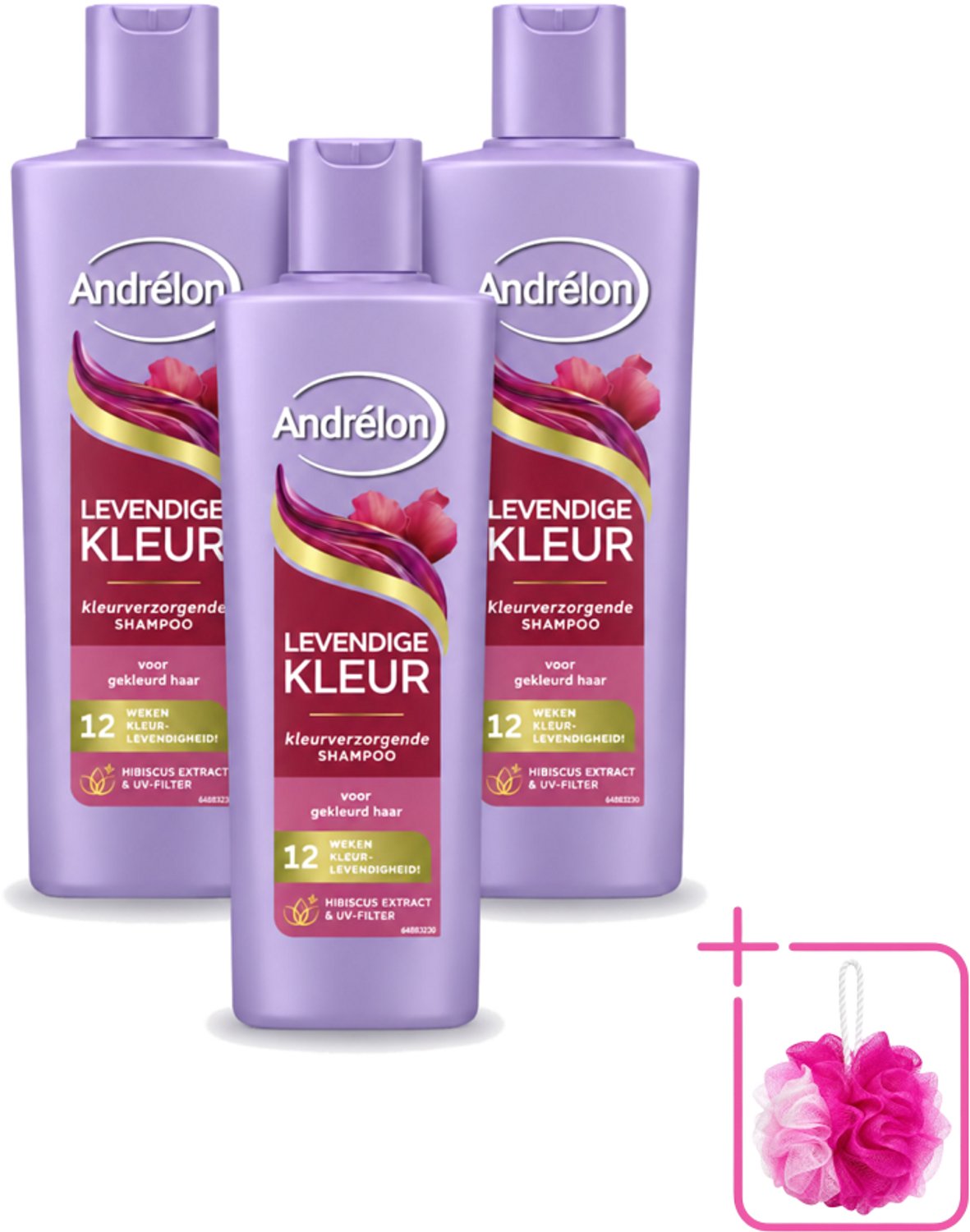 3 x Andrélon – Shampoo – Levendige Kleur – 250 ml - Bulkverpakking - Kleurbehoud haar - Douchemop - Hibiscus shampoo