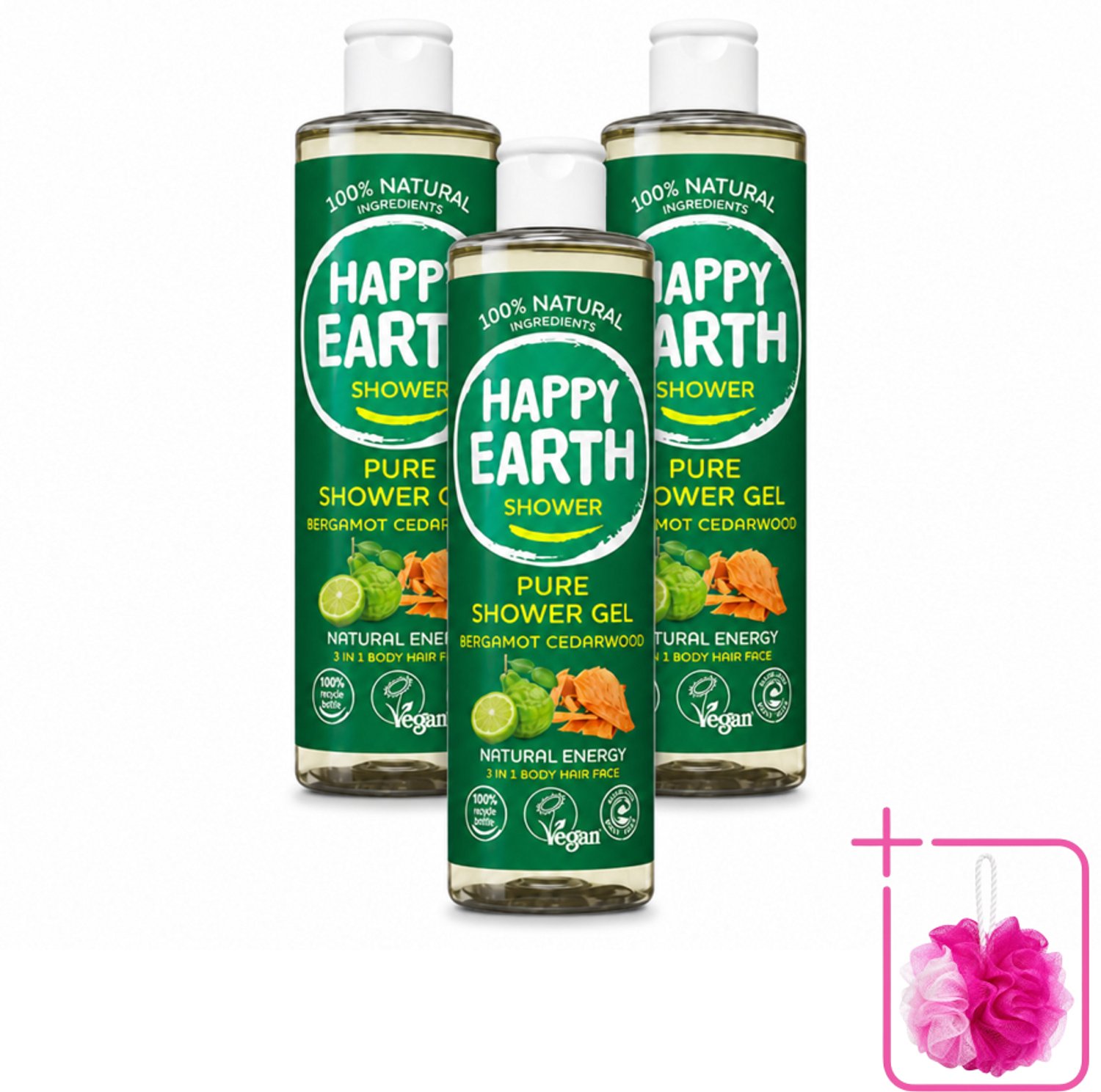 3 x Happy Earth – Douchegel – 100% Natuurlijk Bergamot Cedarwood – 300 ml - Bulkverpakking - Douchegel bergamot cederhout - Douchemop - Natuurlijke douchegel