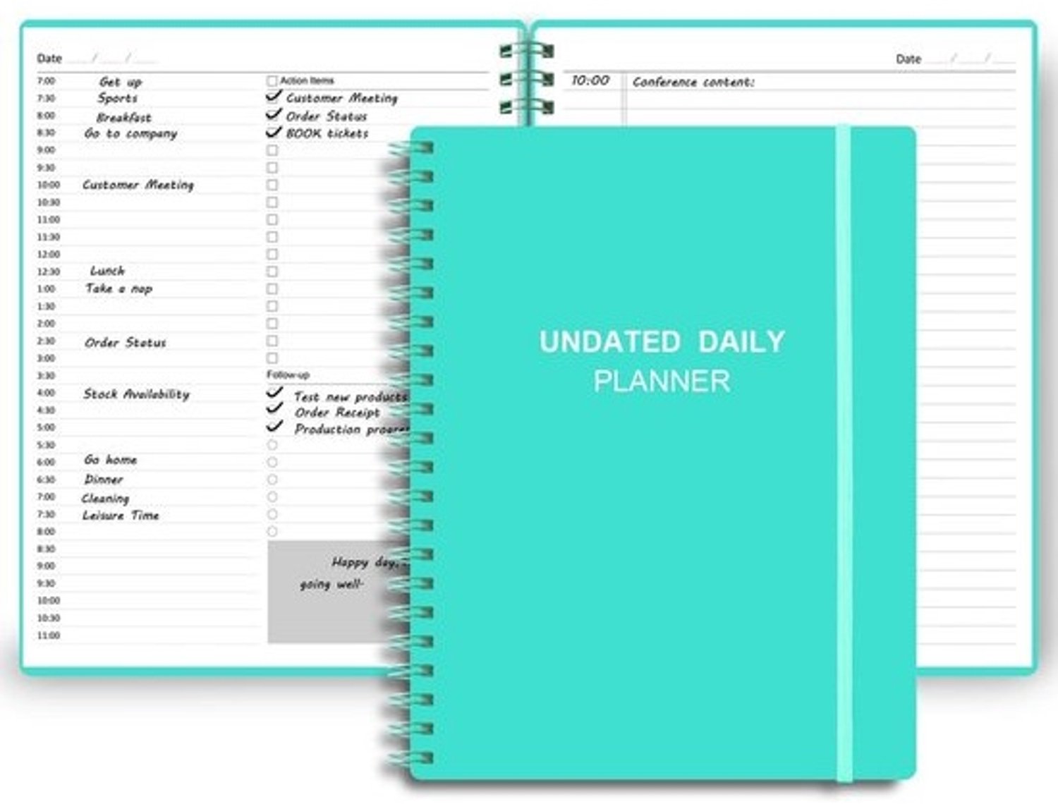 Onedateerde dagplanner A4 - Met uurindeling en actiepunten - Voor tijdsbeheer en productiviteit