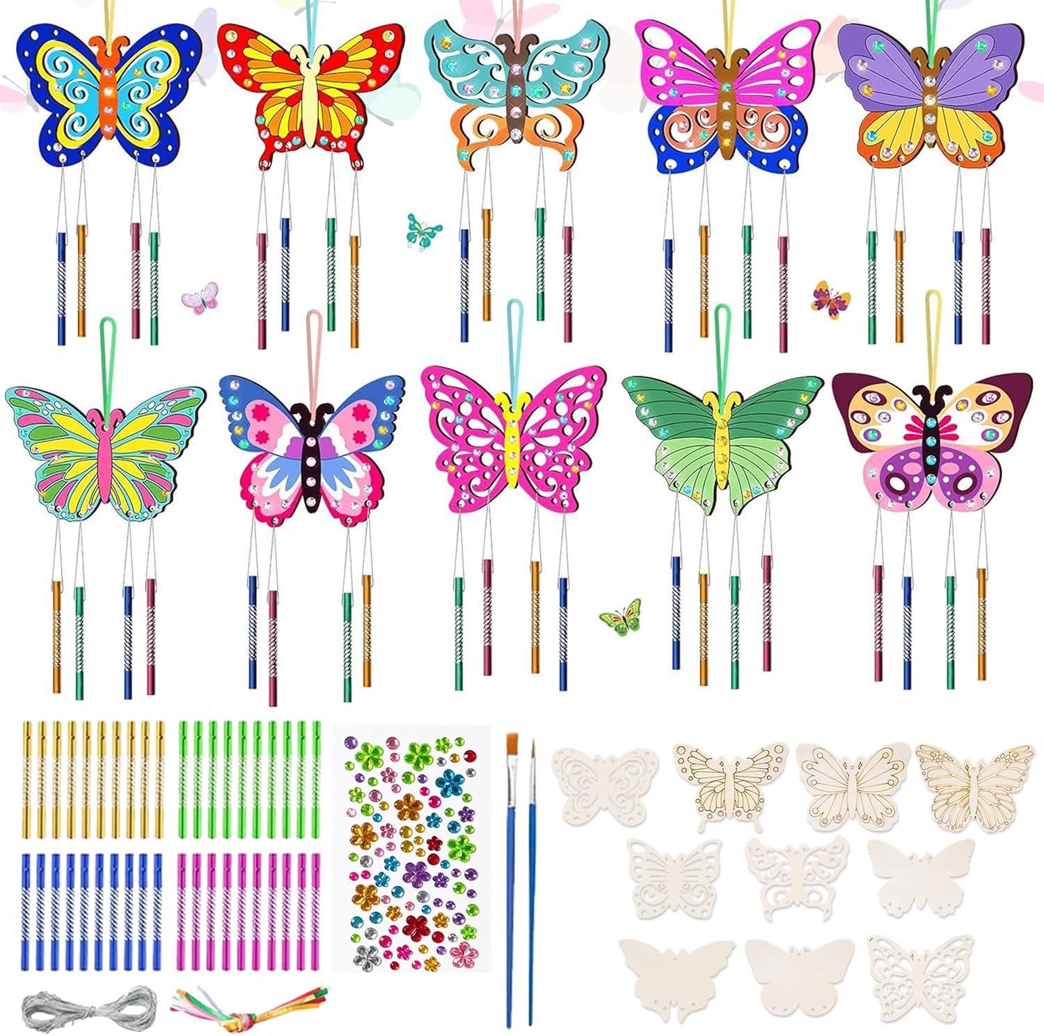 Set van 10 houten windklokken, vlinder, handbeschilderd, voor tuinfeesten, woondecoratie - ShopVlot