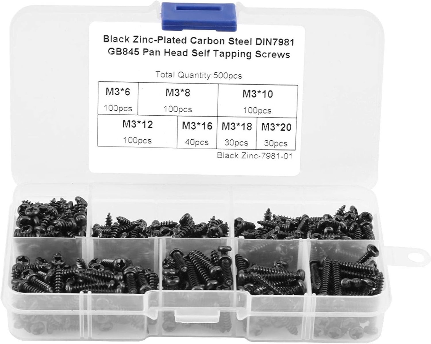 Knopkopschroeven, 500 STKS M3 Cross Drive Knopkop Zelftappende schroeven Bevestigingsassortimentenset met plastic doos voor thuismeubilair Kantoor(Carbon Steel)