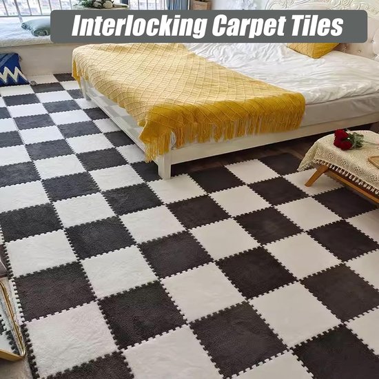 30 stuks Fuzzy 12x12 inch tapijtvierkanten, pluche in elkaar grijpende vloertegels, puzzelstuk vloermat, puzzelmat voor speelkamer, woonkamer, grijs, 0,39 inch — afbeelding 2