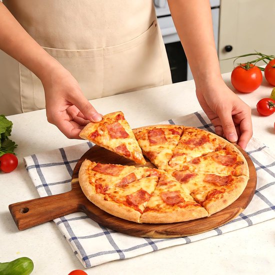 2 stuks houten pizzaplank, rond, 30 cm, 40 x 30 x 1,5 cm, bruin met handvat, houten pizzabord serveerplaat voor keuken — afbeelding 2