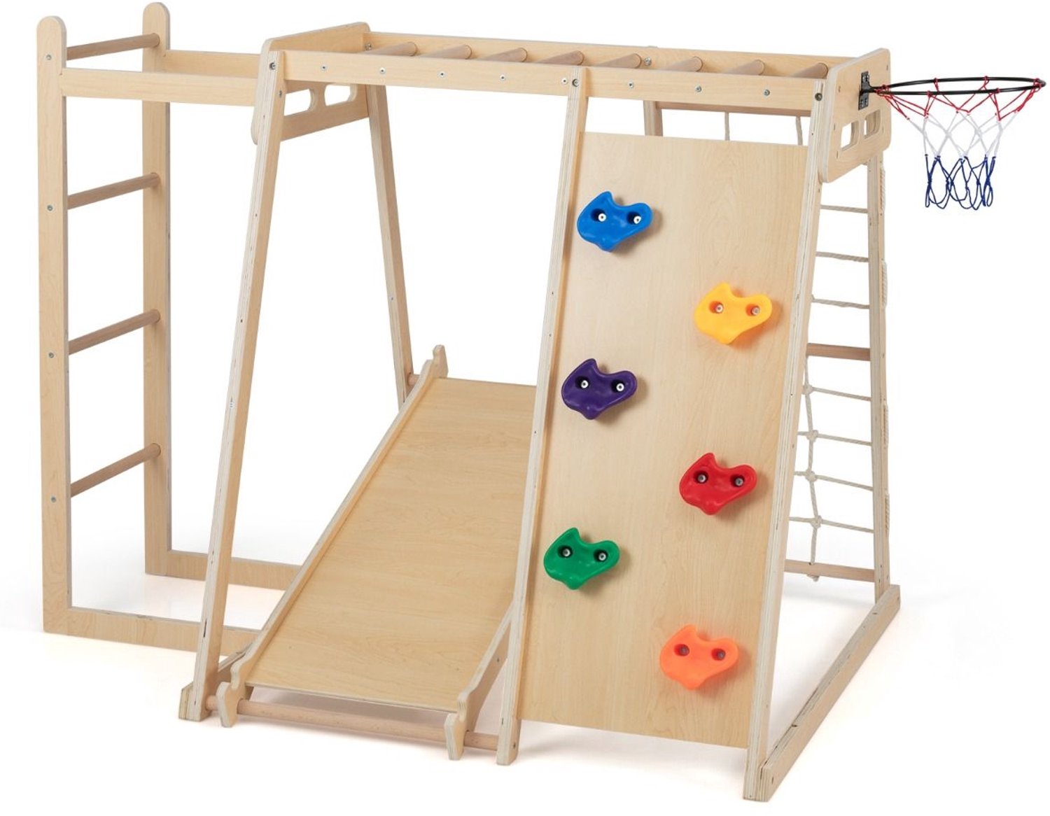 SureDeal® - Speelgoed - Indoor Klimrek Speeltuin - Glijbaan Klimwand Basketbalring - Ladder Naturel - 171x109x110,5 cm - Naturel