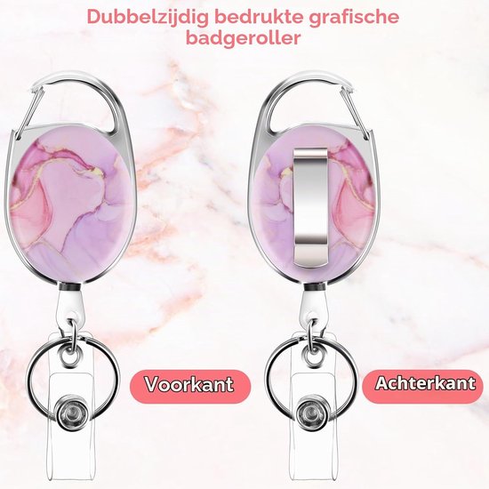 Dubbelzijdige Badge Reel met Kleurafdruk, Marmerpatroon Sleutelhanger en Duurzame Nylon Koord (Roze Marmer) - Ideaal voor Werk en Evenementen — afbeelding 2