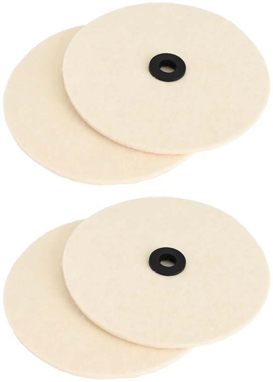 Vier ronde, licht roomkleurige viltpads met een zwarte centrale ring, in twee paren gerangschikt.