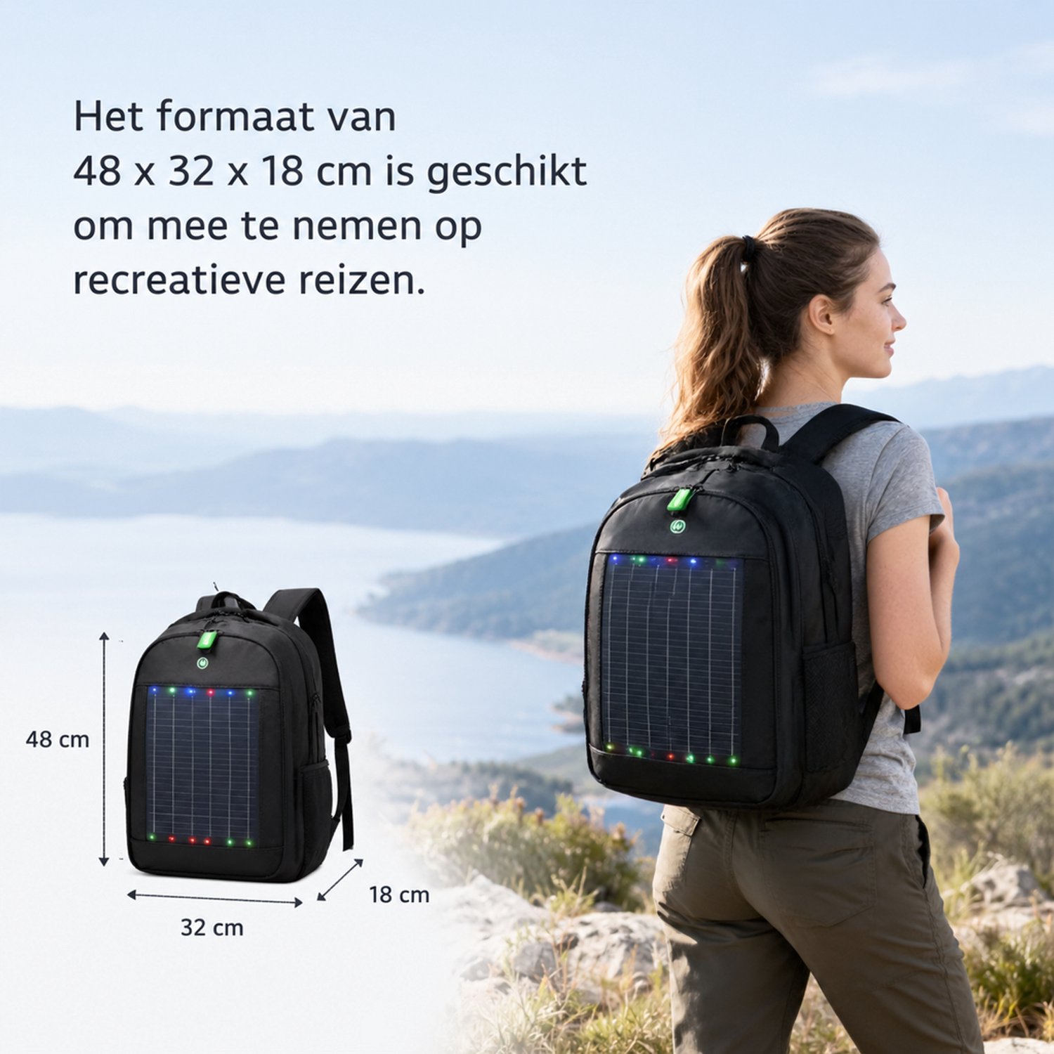Rugzak - 48 x 32 x 18 cm - met gewatteerde schouderbanden - voor reizen - zwart
