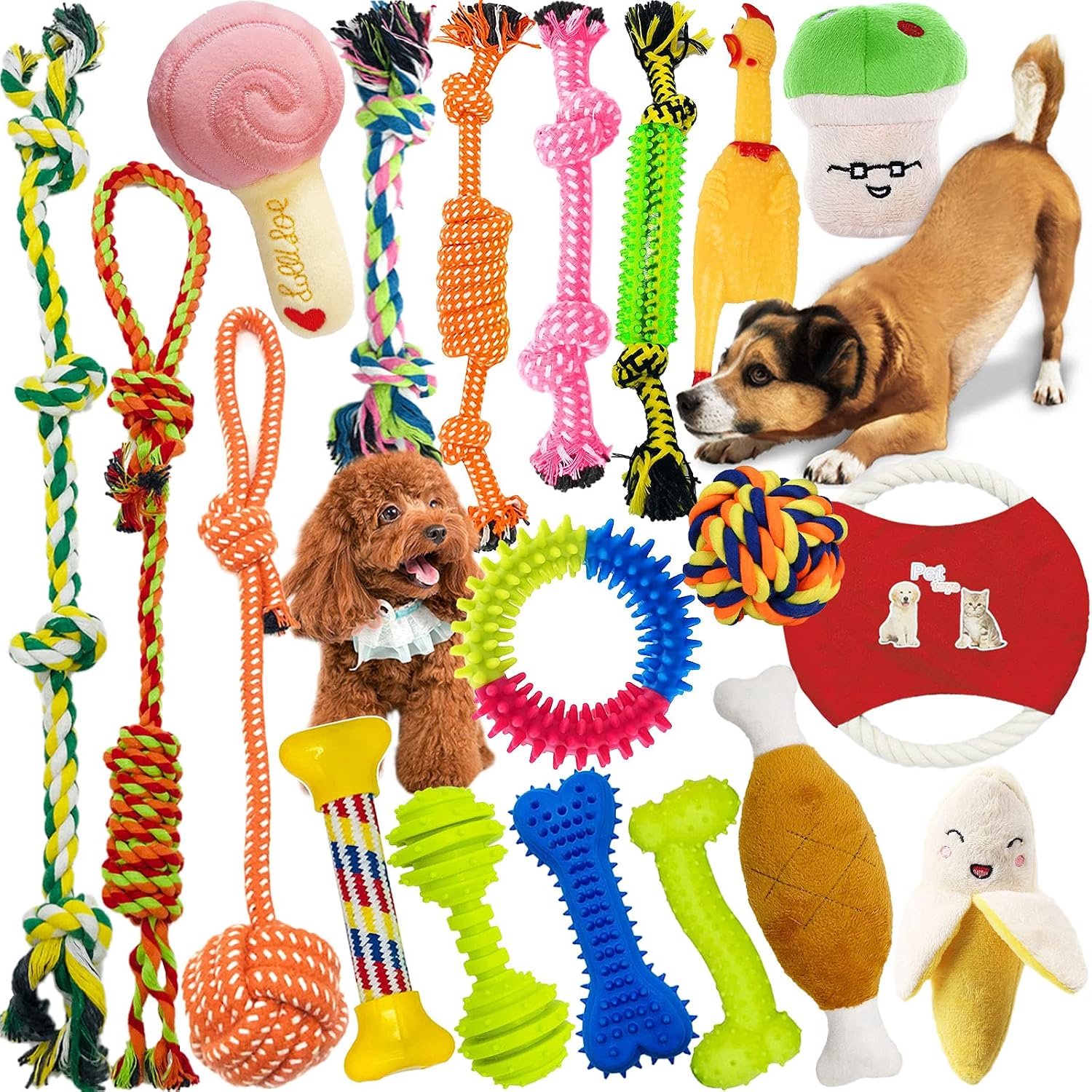 Hondenspeelgoed, 19 stuks speelgoed voor honden, voor robuuste tanden, kauwen, duurzaam speelgoed, tandtrainingsset voor kleine en middelgrote honden, interactieve speelset, onverwoestbaar, katoenen knoop, touw