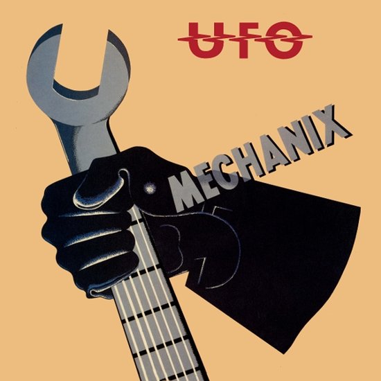 Grafische albumhoes met een zwarte handschoen die een steeksleutel vasthoudt, met de tekst UFO MECHANIX.