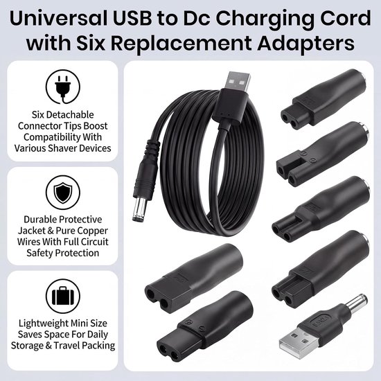 8 stuks universele oplader voor tondeuse met 7 reserveopzetstukken, stroomkabel 5 V, USB-kabel voor elektrisch scheerapparaat en tondeuse voor reizen, compatibel met Philips Braun Wahl Babyliss — afbeelding 4