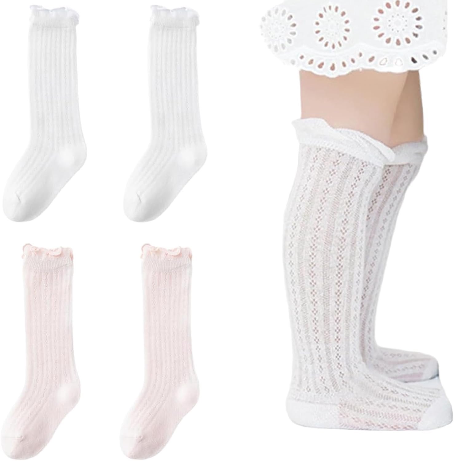 2 paar hoge sokken voor baby's en meisjes, antislip sokken van katoen met vlinderdas, geschikt voor oudere kinderen (wit, roze)