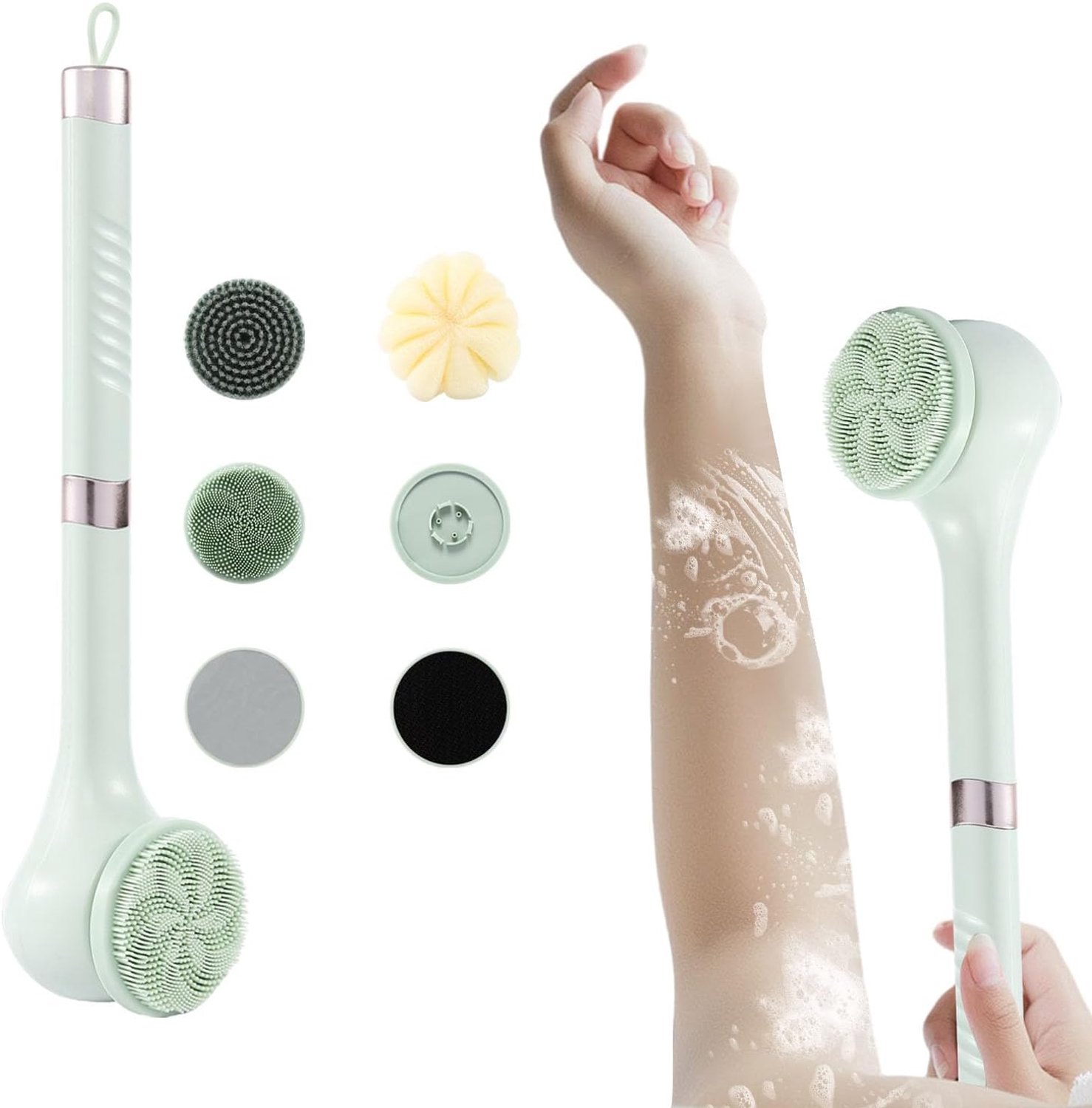 Elektrische doucheborstel voor thuisgebruik, multifunctionele badborstel met 6 verwisselbare borstelkoppen, IP67 waterdicht, oplaadbare lichaamsborstel voor rugreiniging, peeling en massage