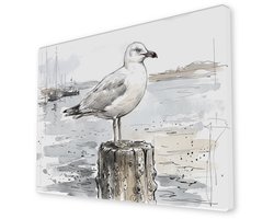 Canvas schilderij meeuw in de haven Gedetailleerde inkttekening en aquarel van zeevogel op dukdalf met zeilboten op de achtergrond Kust wanddecoratie voor maritiem interieur en kantoor Schilderij op canvas 60x40 cm
