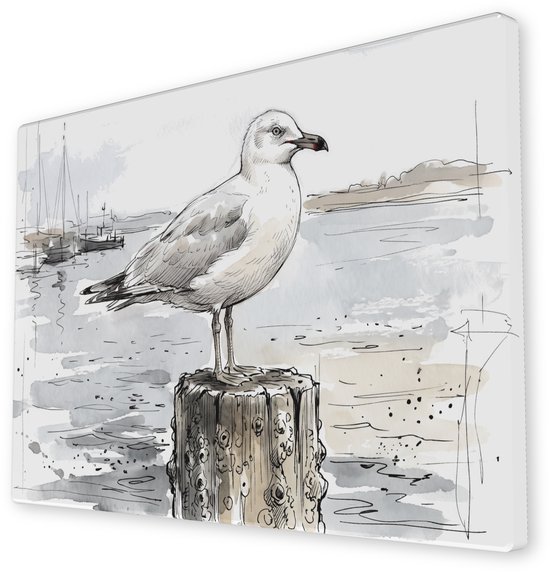 Vue latérale d'une toile représentant une mouette dans un port, style encre et aquarelle avec voiliers en arrière-plan.