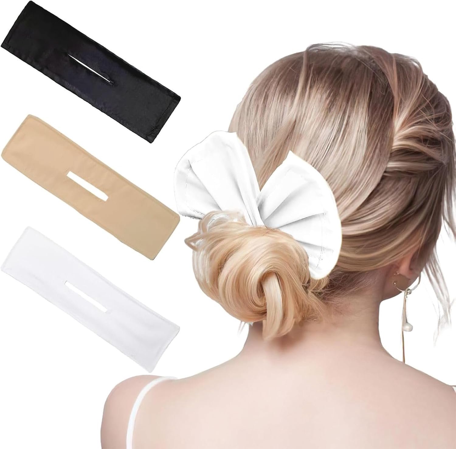 Dutt Maker haarknotenmacher, bun maker met vormbare draad, snelle knot en stevige grip, voor dames en meisjes, dagelijks gebruik en reizen, chiffon, zwart wit kaki