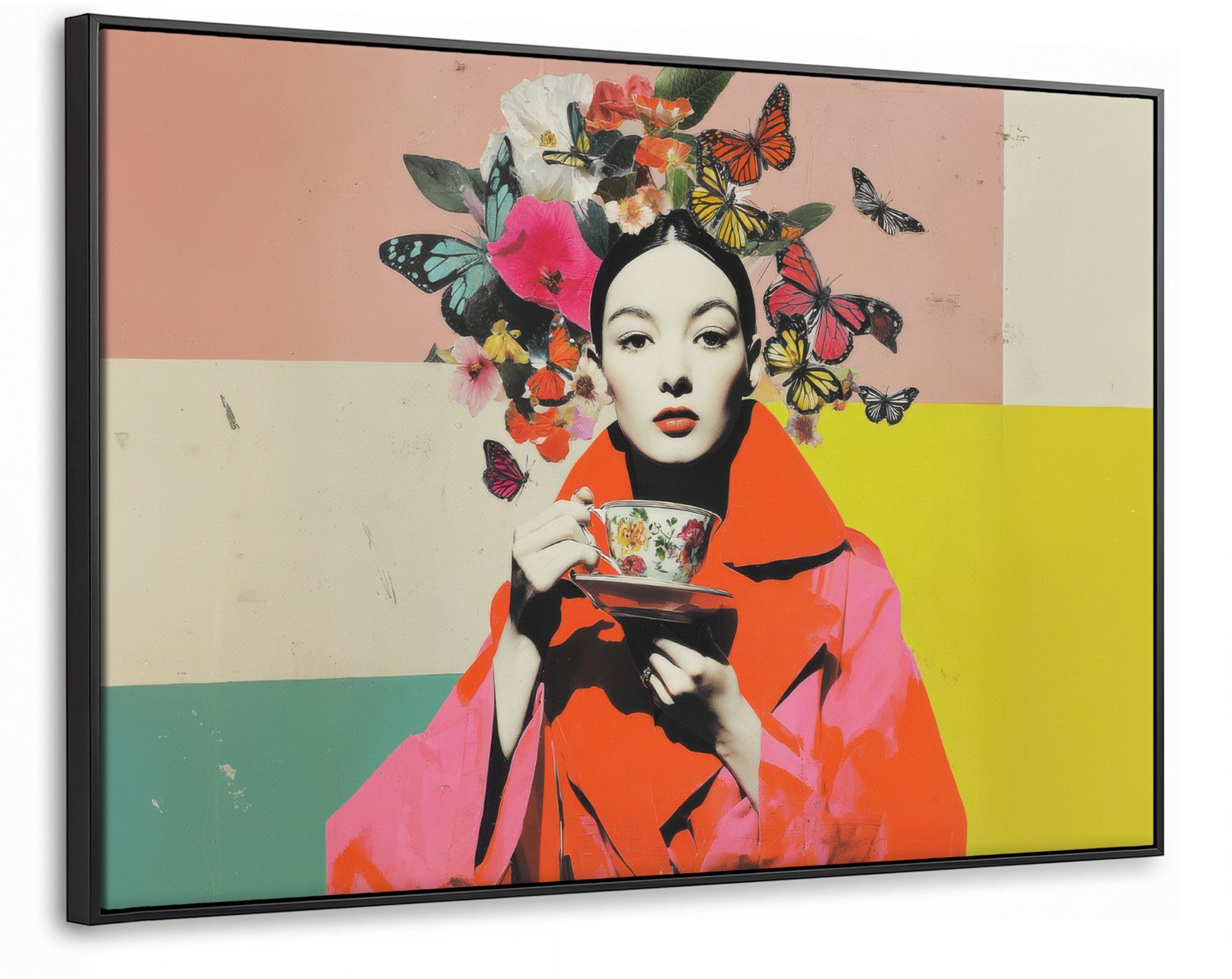 Canvas Schilderij met Baklijst XXL Canvas Schilderij met Baklijst 140x90cm - Retro - Vrouw - Kopje - Vlinders - Muurdecoratie woonkamer - Slaapkamer decoratie - Kamer accessoires - Schilderijen op canvas met lijst groot