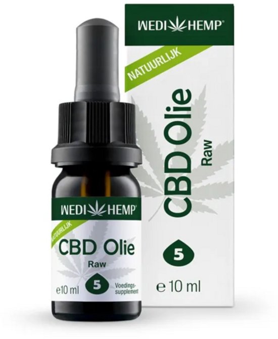 Wedihemp CBD Olie Raw 5% in een flesje van 10 ml met bijbehorende verpakking, wit en groen design met wietblad.
