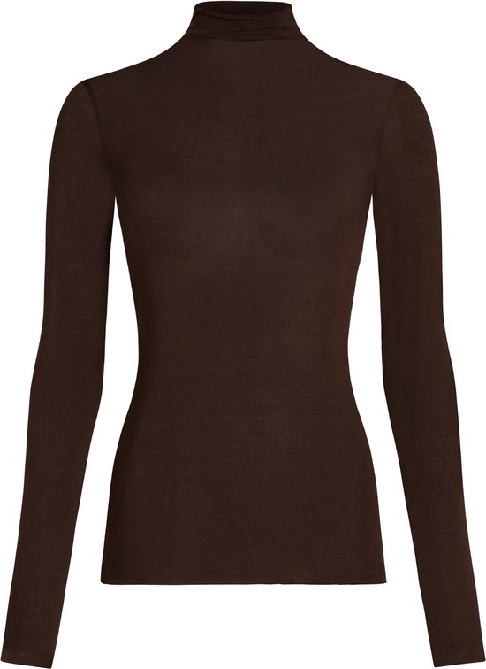 Donkerbruin shirt met coltrui en lange mouwen, plat neergelegd.