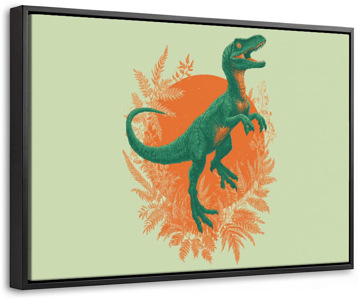 Canvas Schilderij met Baklijst 30x20cm - Dinosaurus - Groen - Planten - Cirkel - Muurdecoratie woonkamer - Slaapkamer decoratie - Kamer accessoires - Schilderijen op canvas met lijst