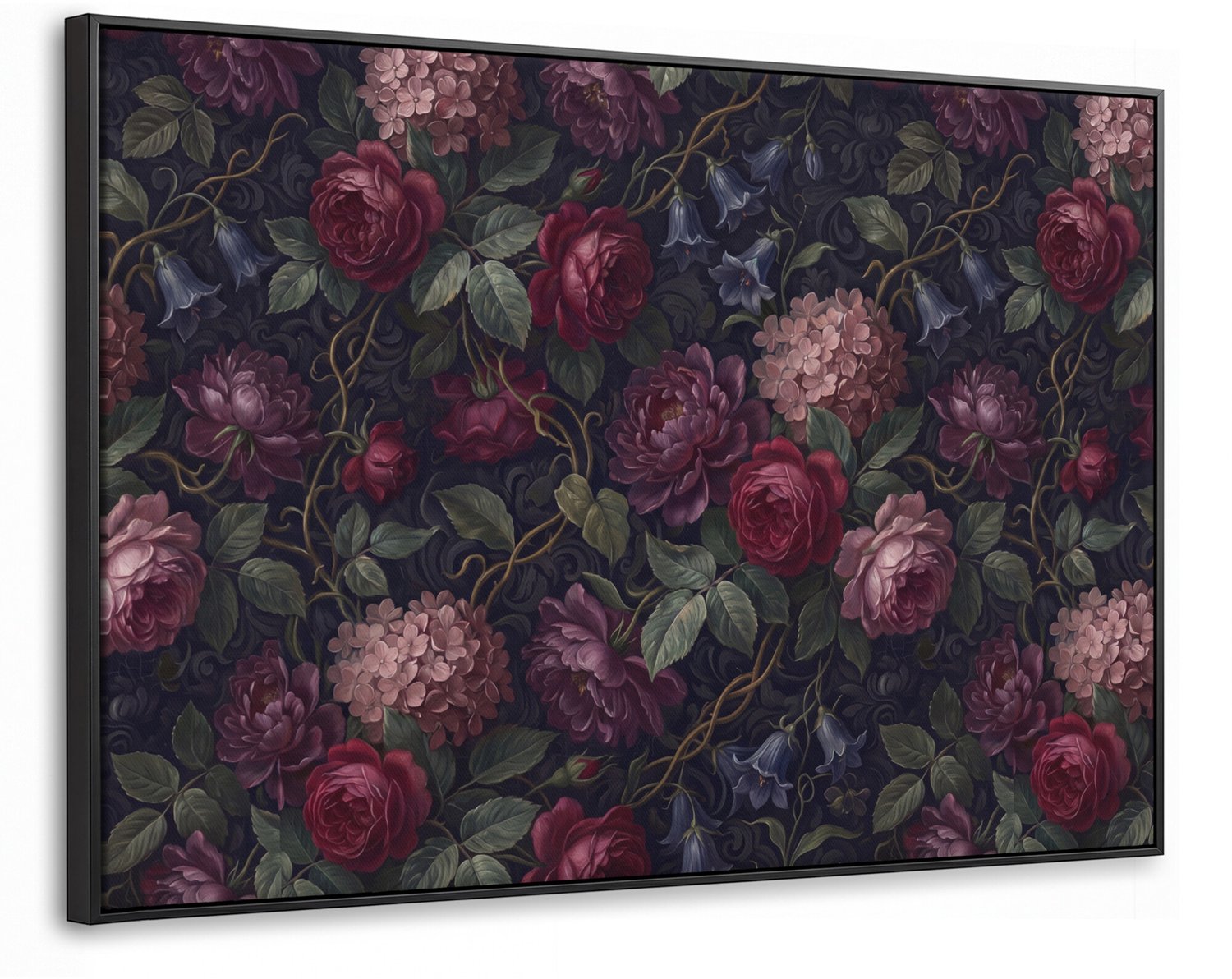 Canvas Schilderij met Baklijst XXL Canvas Schilderij met Baklijst 150x100cm - Bloemen - Rood - Klassiek - Donker - Patroon - Muurdecoratie woonkamer - Slaapkamer decoratie - Kamer accessoires - Schilderijen op canvas met lijst groot