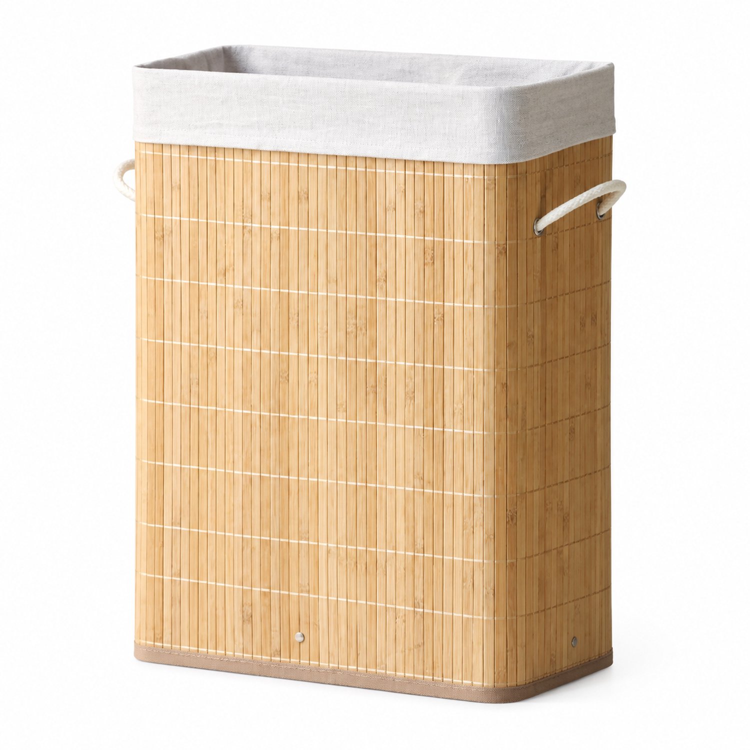 Opvouwbare bamboe wasmand 40 x 20 x 50 cm - Smal rechthoekig model met zijhandgrepen en stoffen bovenrand
