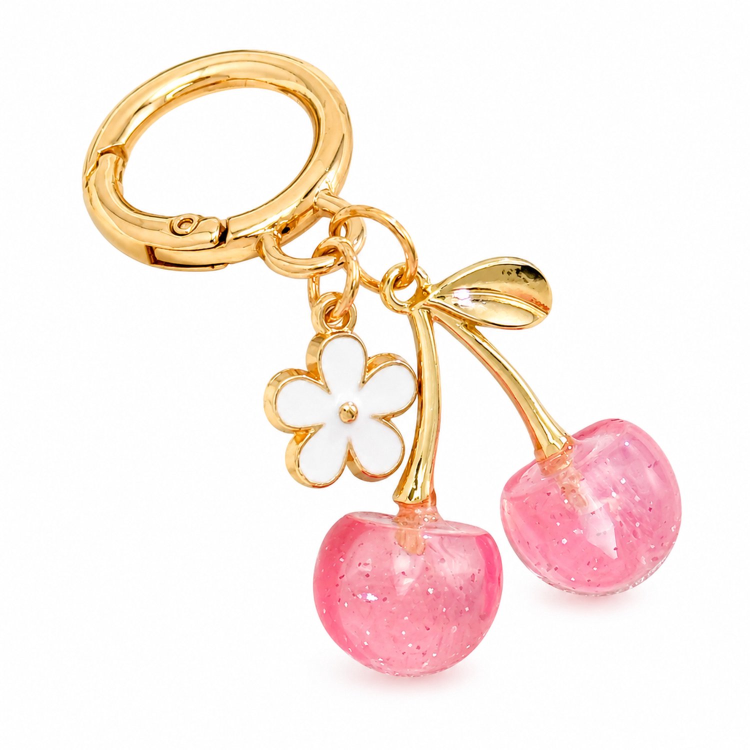 Sleutelhanger met roze glitterkersen, witte bloem en goudkleurige ronde sluiting - tashanger