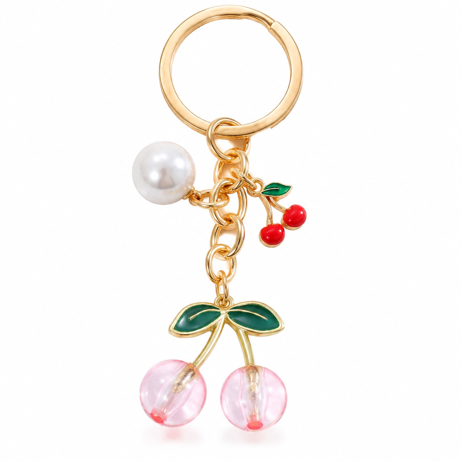 Sleutelhanger met roze kersen, goudkleurige ronde ring, rode kersenbedel en witte kraal - ook als tashanger