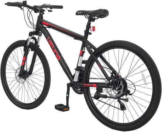VEVOR Mountainbike voor Dames en Heren, 26 inch, 21 Versnellingen, Zwart/Rood, Ideaal voor Volwassenen, Frame van Koolstofstaal, met Geveerde Voorvork, Draagvermogen van 120 Kg, Bel, Reflectoren en Verstelbaar Zadel — afbeelding 2
