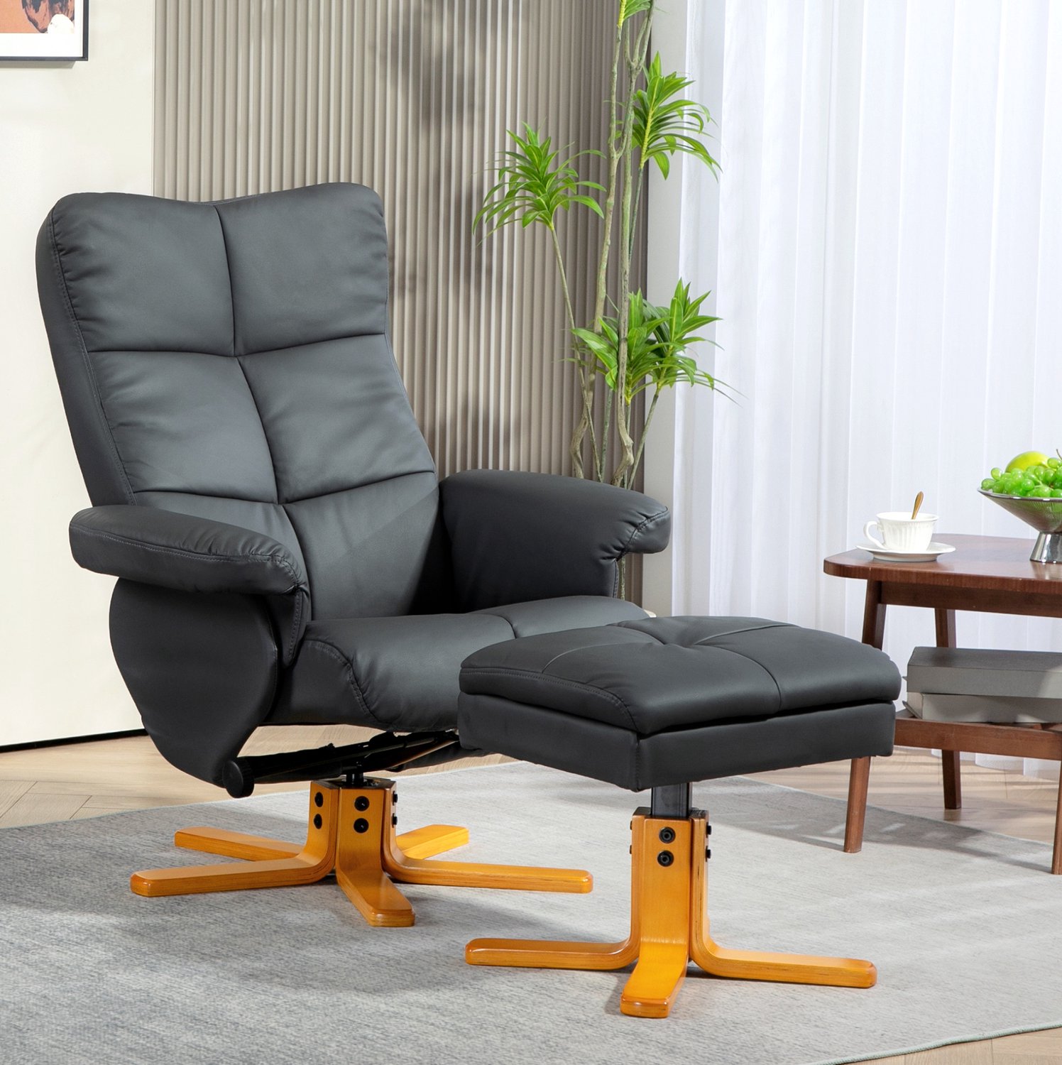 STILVORA Relaxfauteuil Met Hocker 80 x 86 x 99 cm - Verstelbaar en Draaibaar - Voor Woonkamer en Slaapkamer - Kunstleer - Donkergrijs