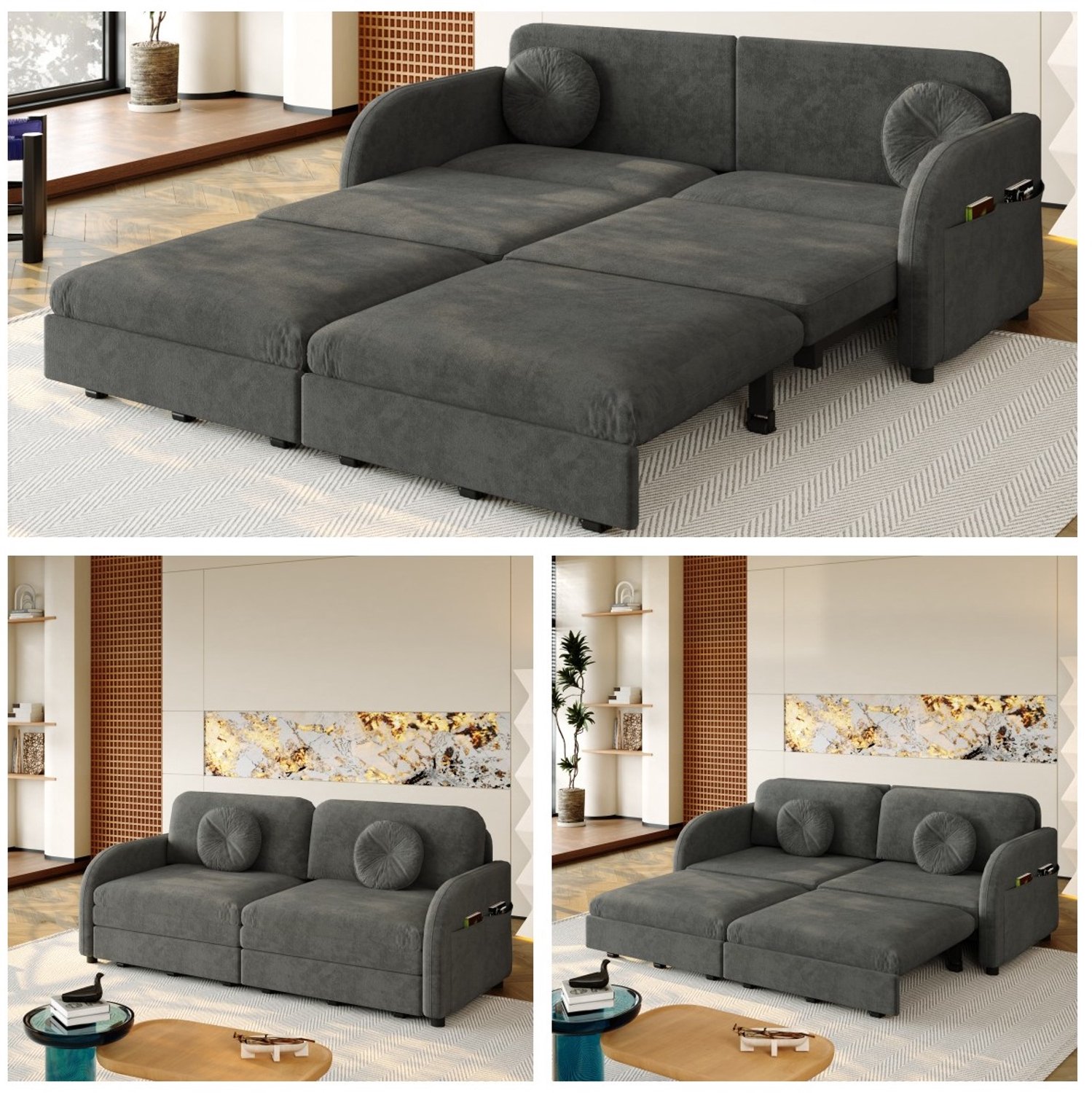 DESMIU Slaapbank 166 cm - 2-Zits Uitschuifbaar met Zijvakken en Kussens - Voor Woonkamer en Slaapkamer - Chenille - Grijs en Zwart