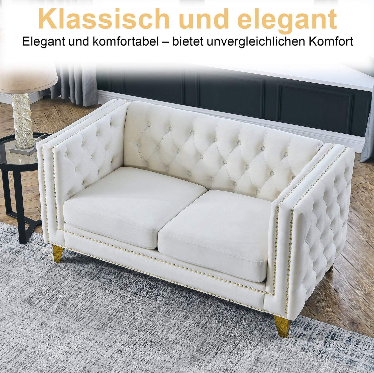 MODENUIT Chesterfield Bank 2-Zits - Met Knopen En Siernagels - Voor Woonkamer - Fluweel - Beige