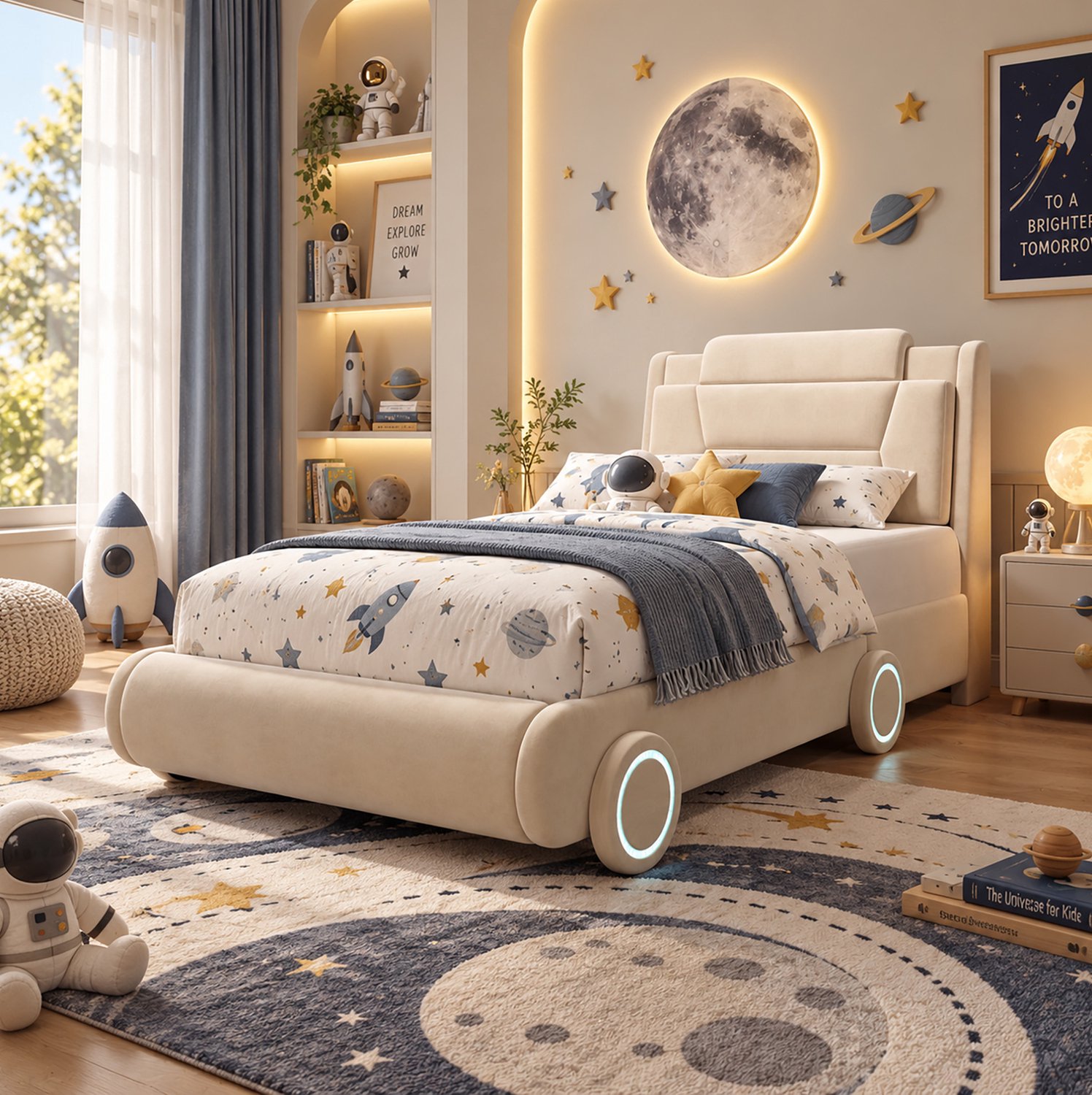Wishdor Kinderbed 90x200 cm - Gestoffeerd autobed met verstelbaar hoofdeinde - Zacht fluweel en verlichte sierwielen - Lattenbodem van populierenhout - Beige