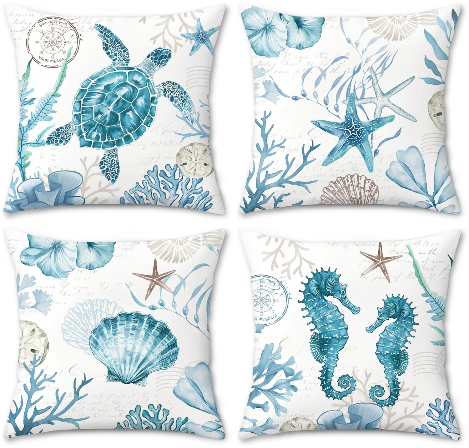 Famanu Set van 4 fluwelen kussenhoezen 45 x 45 cm met zeekustthema, decoratieve hoezen voor slaapbank en terras, met schildpad, zeeschelp en zeester wit