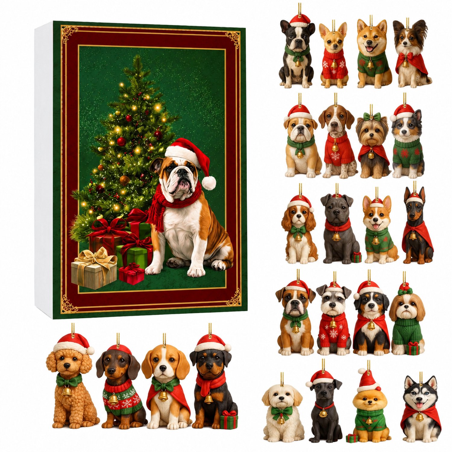 Adventskalender 2026 met honden - 24 platte acryl kersthangers met ophangkoordjes en genummerde kalenderdoos