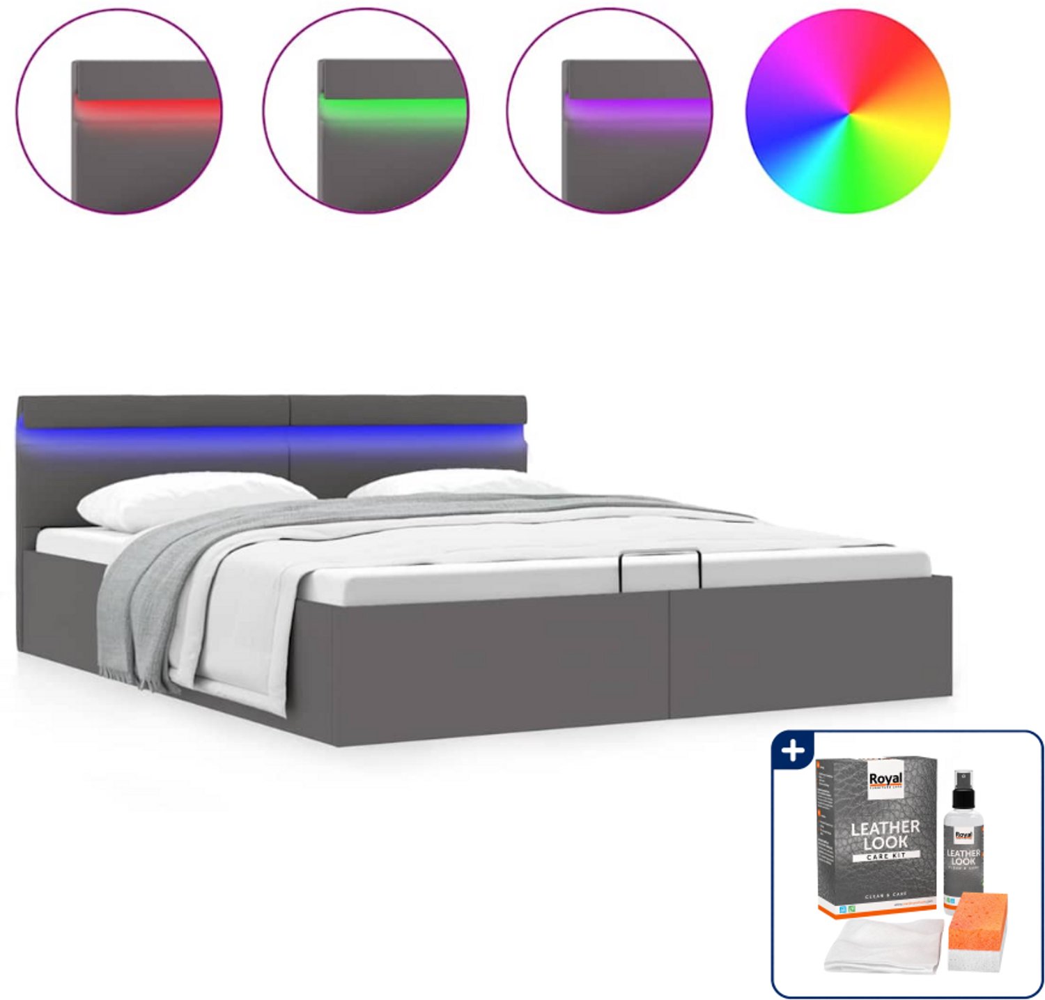 vidaXL Queensize bedframe - 160 x 200 cm - kunstleer - grijs - Inclusief onderhoudsset voor kunstleer 150 ml Wit