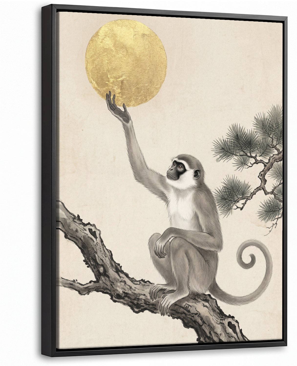 Canvas Schilderij met Baklijst 30x40cm - Aap - Maan - Goud - Muurdecoratie woonkamer - Slaapkamer decoratie - Kamer accessoires - Schilderijen op canvas met lijst