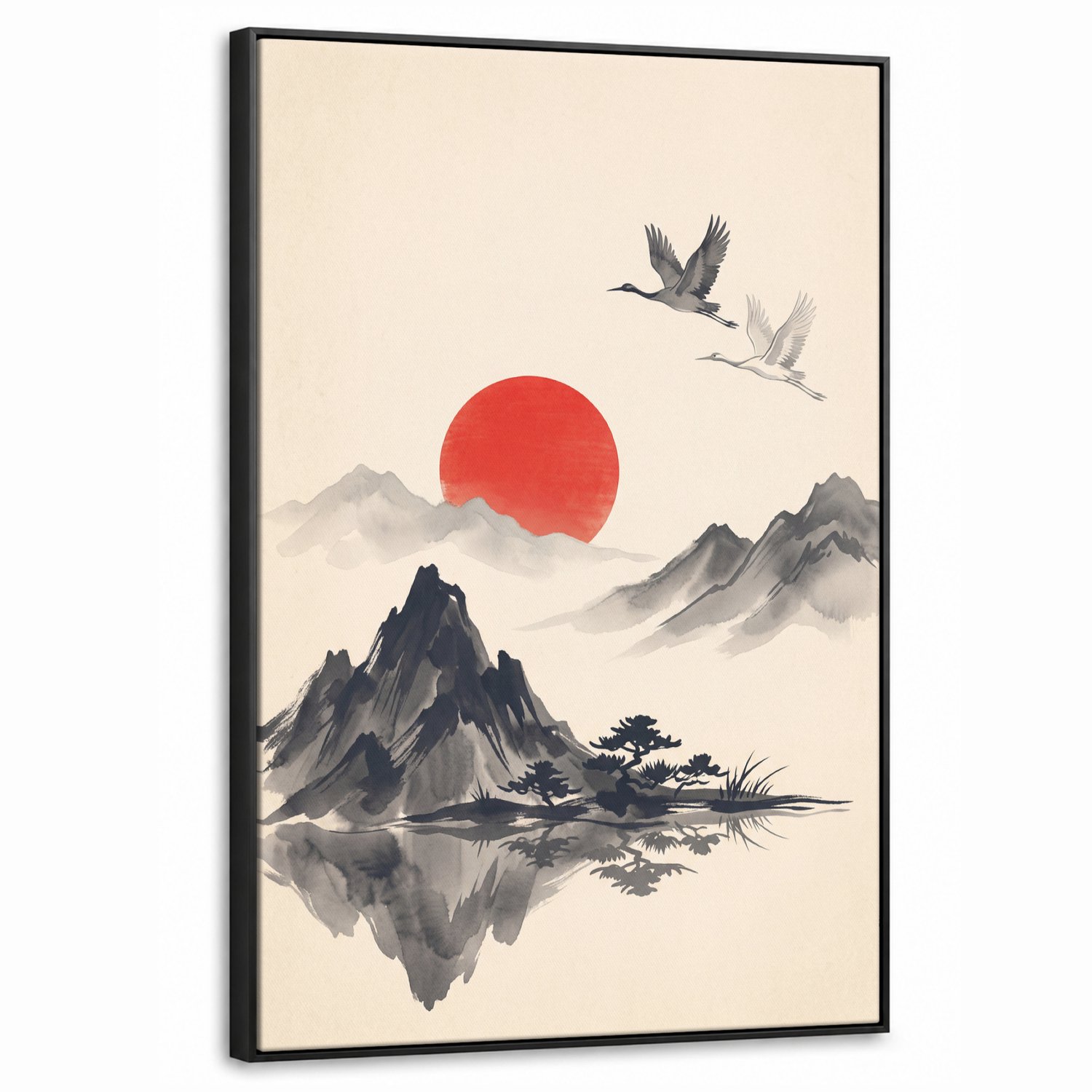 Canvas Schilderij met Baklijst 60x90cm - Oosters - Kraanvogels - Landschap - Muurdecoratie woonkamer - Slaapkamer decoratie - Kamer accessoires - Schilderijen op canvas met lijst